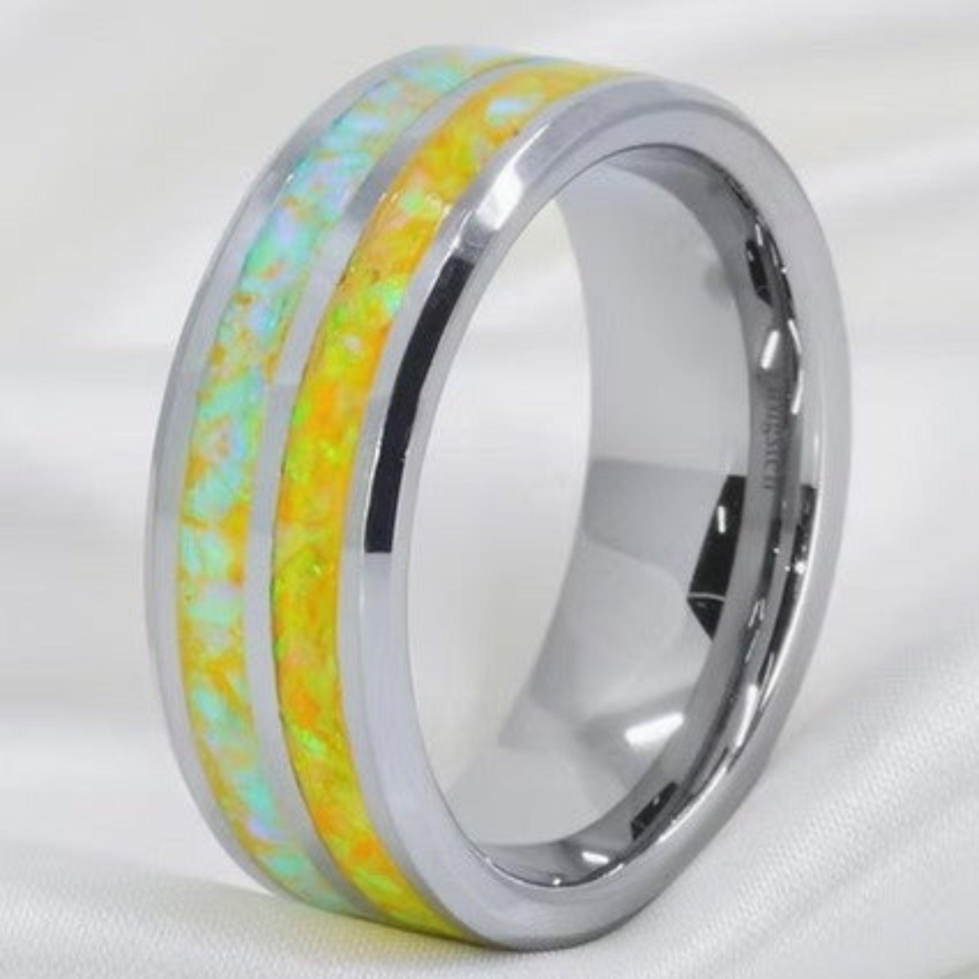 Double Channel Tungsten Opal Ring 8MM on Silk White Background