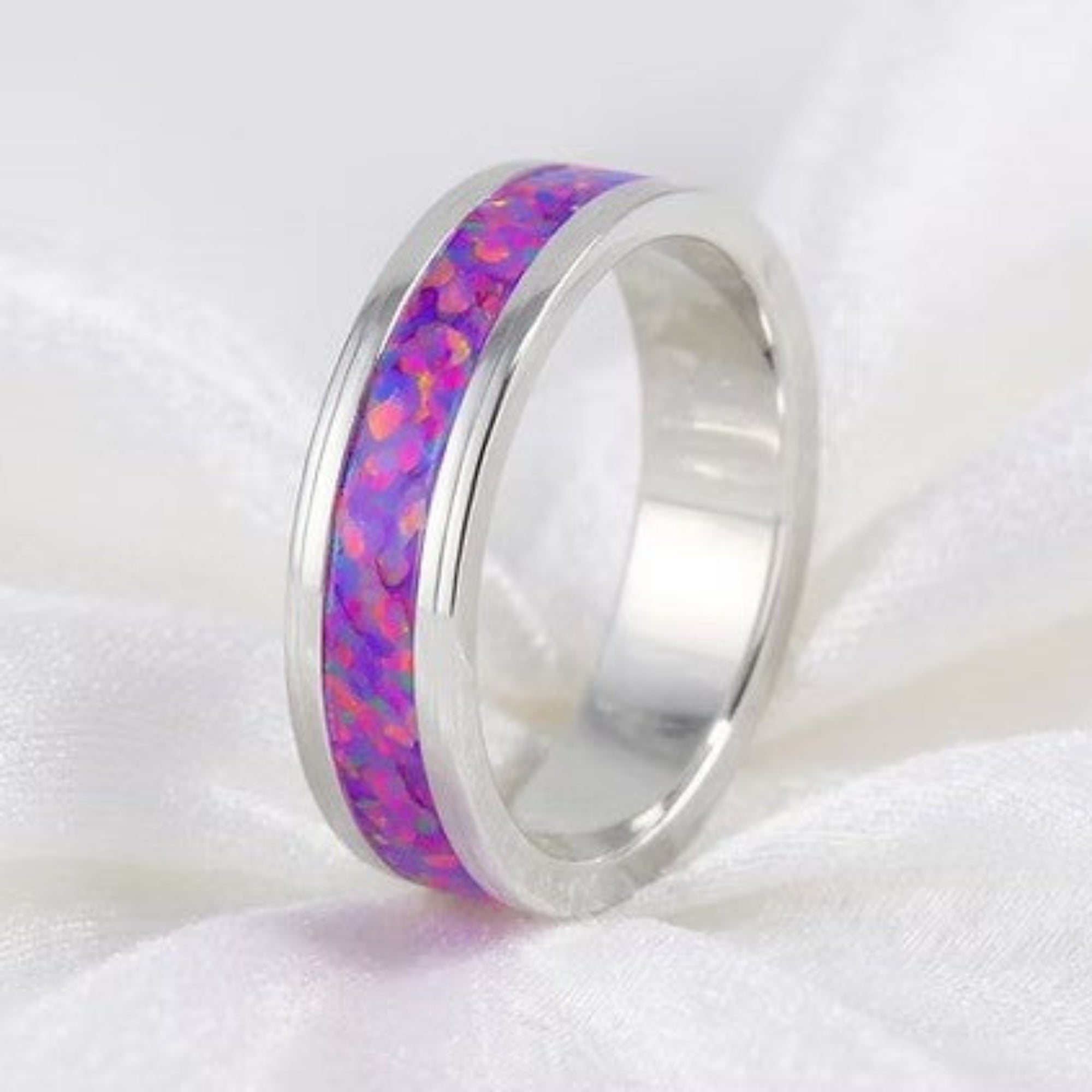 Solid .960 Argentium Silver Opal Ring on Silk White Background
