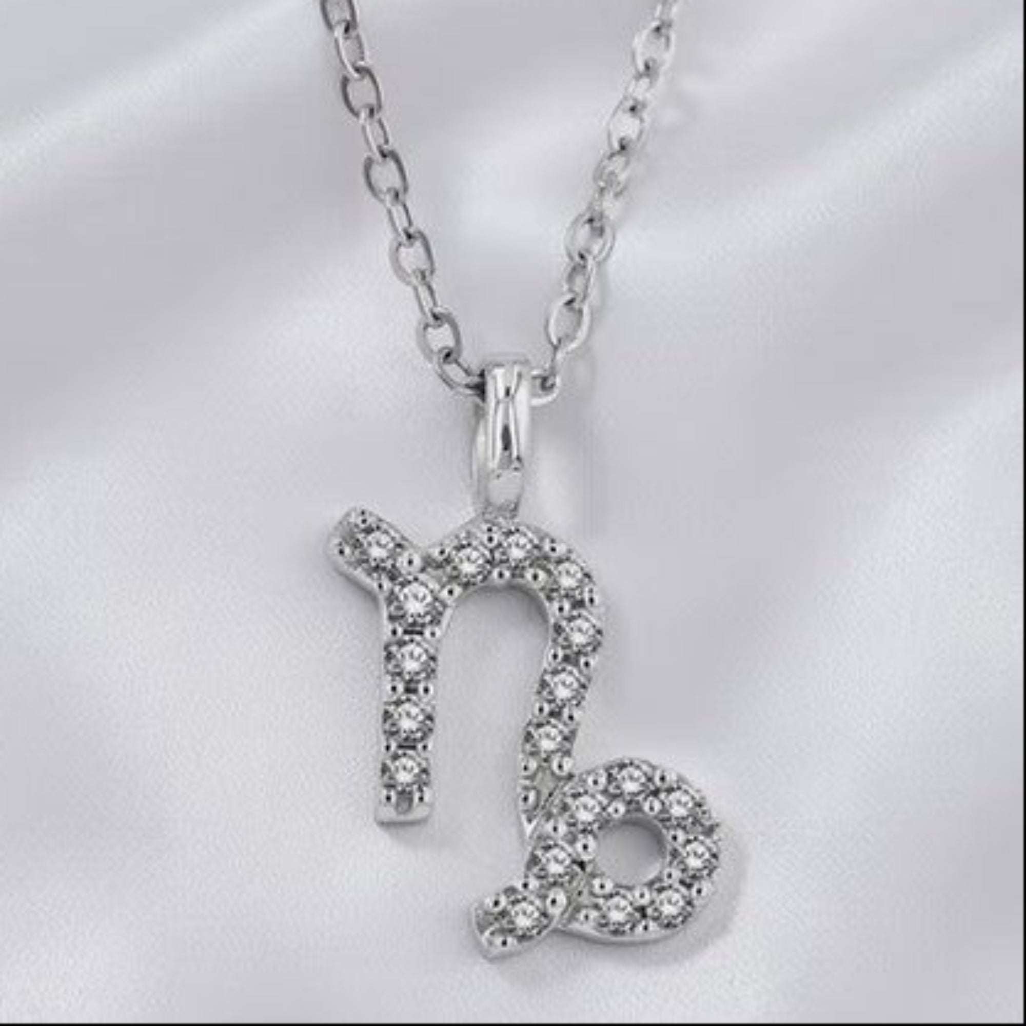 Silver Diamond Zodiac Pendant on Silk White Background