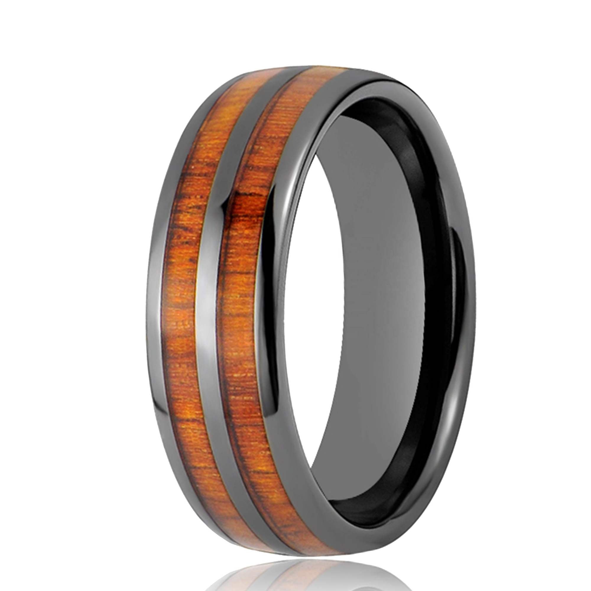 Double-Channel Black Ceramic and Koa Wood Men's Wedding Band