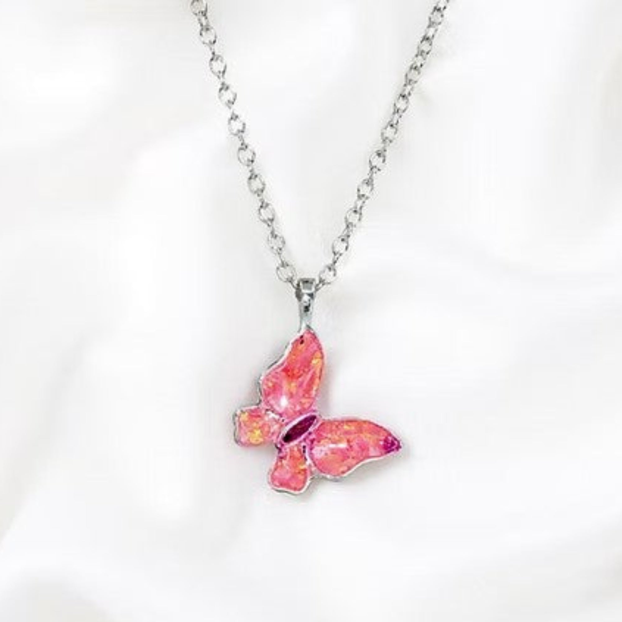 Mini Butterfly Opal Pendant .960 Silver on Silk White Background