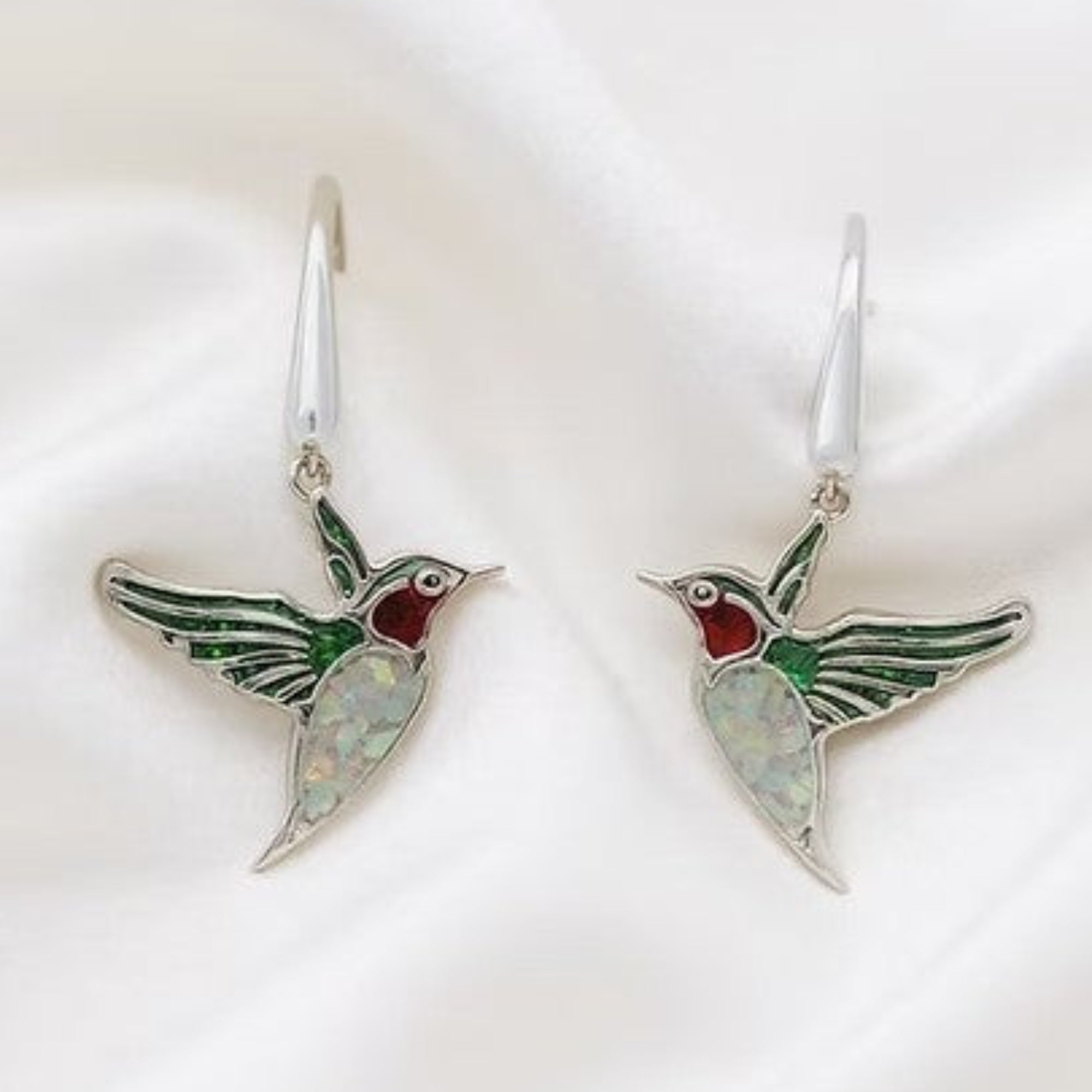 Mini Hummingbird Earrings on Silk White Background