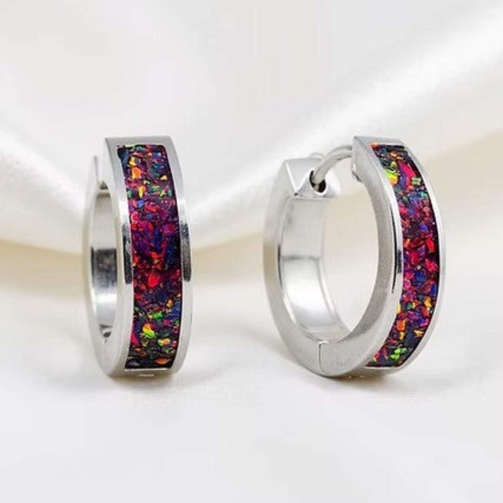 Silver Opal Hoop Huggie Earrings on Silk White Background