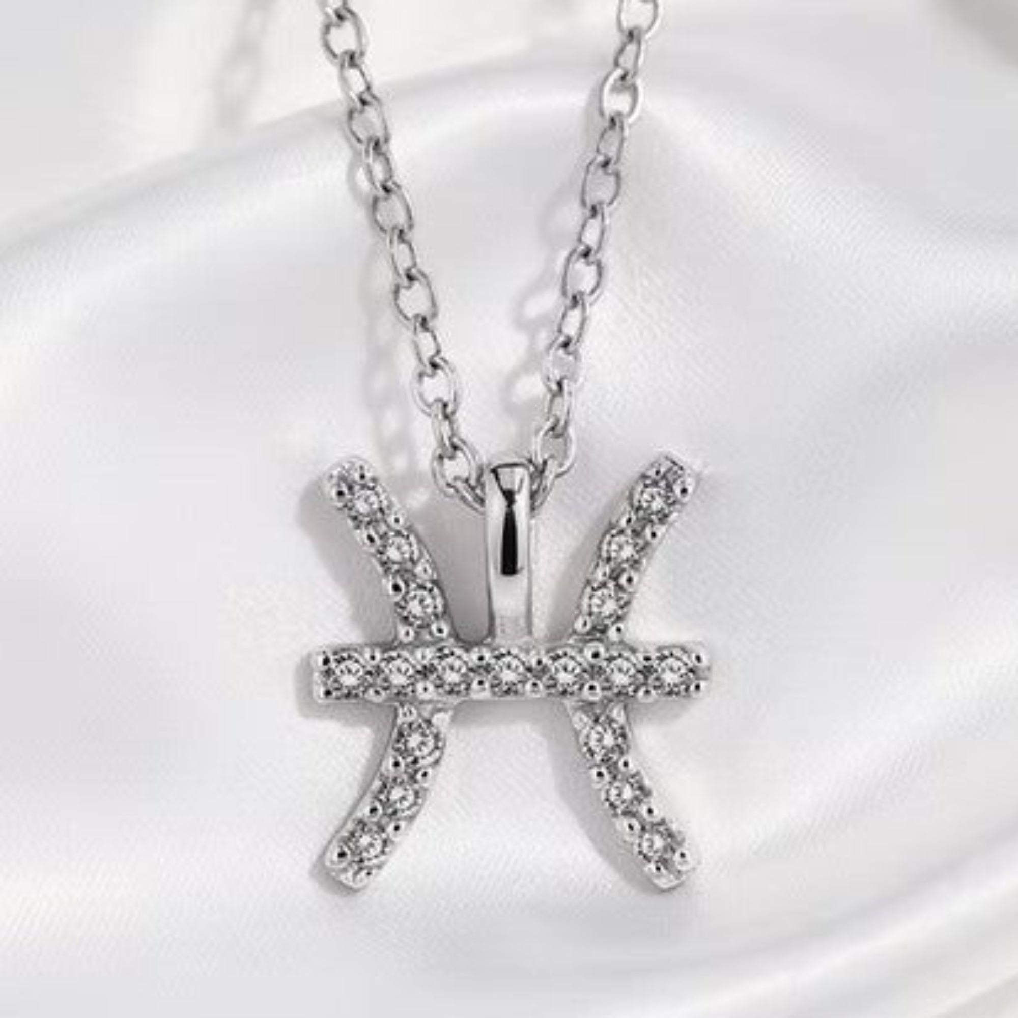 Silver Diamond Zodiac Pendant on Silk White Background