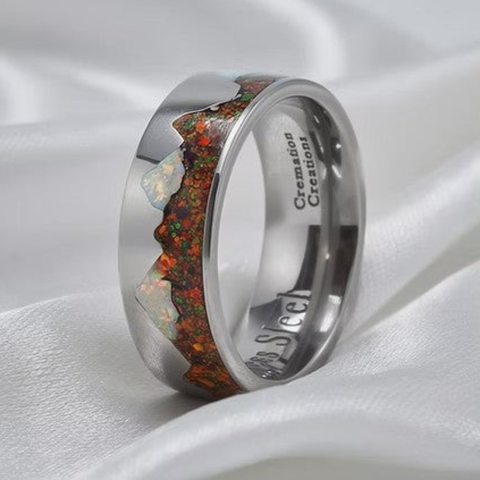 Rocky Mountain Opal Ring 8MM on White Silk Background